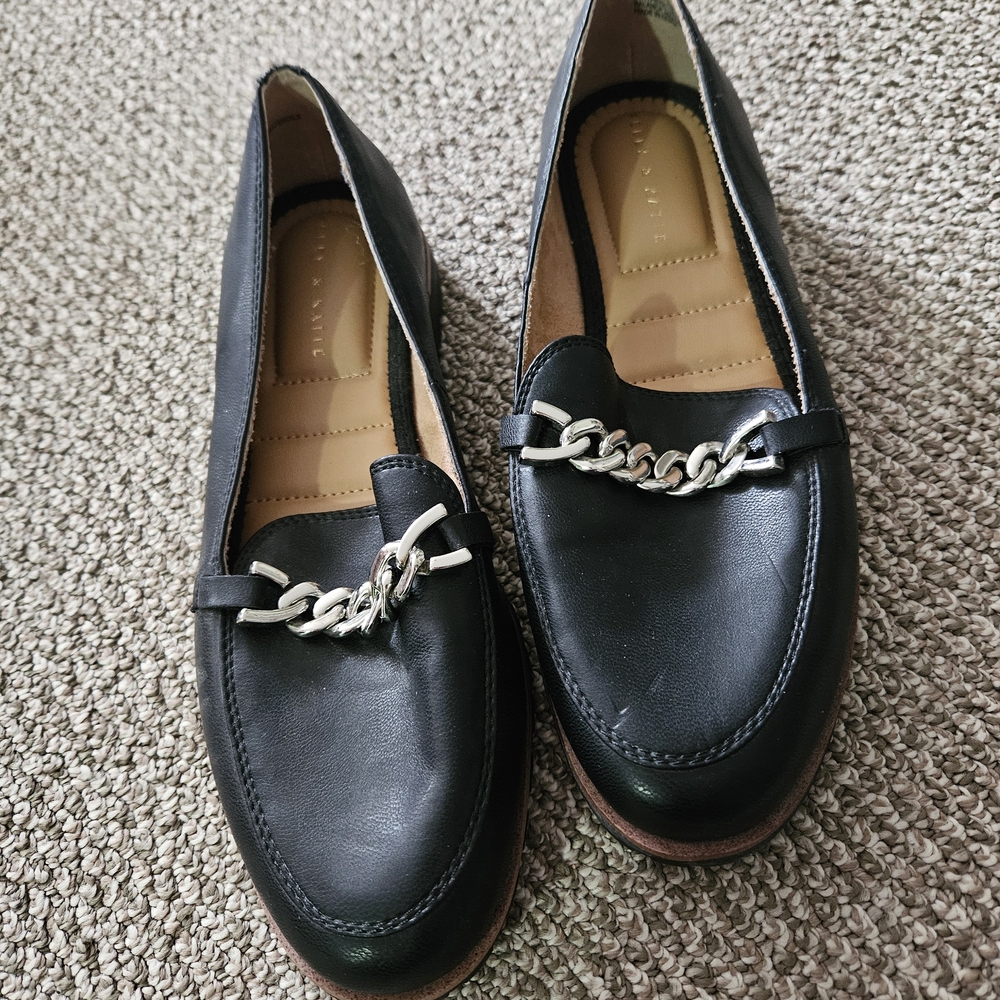 Kelly & Katie Black Leather Loafers with Silver Chain Accent